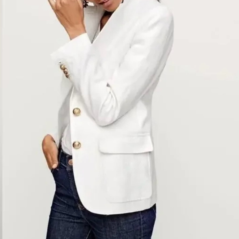 J. Crew White 100% Linen, Silk Lined Blazer with Pockets & Gold Buttons